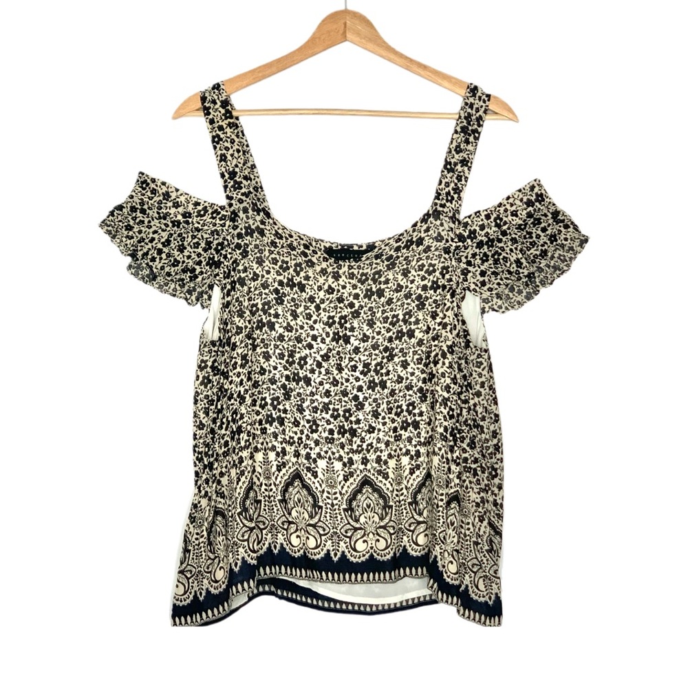 Sanctuary Boho Cold Shoulder Top Size Large Navy Blue Black Floral Print flowy
